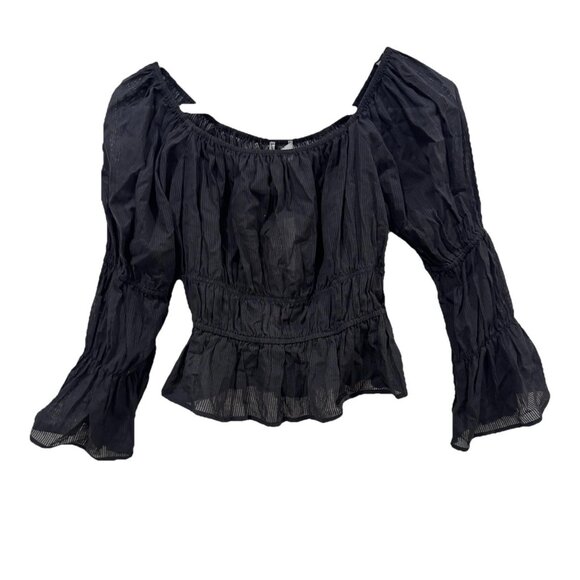 womens WAYF blouse black size medium m ruched Top Sheer Flare Long Sleeves Light - Picture 1 of 7